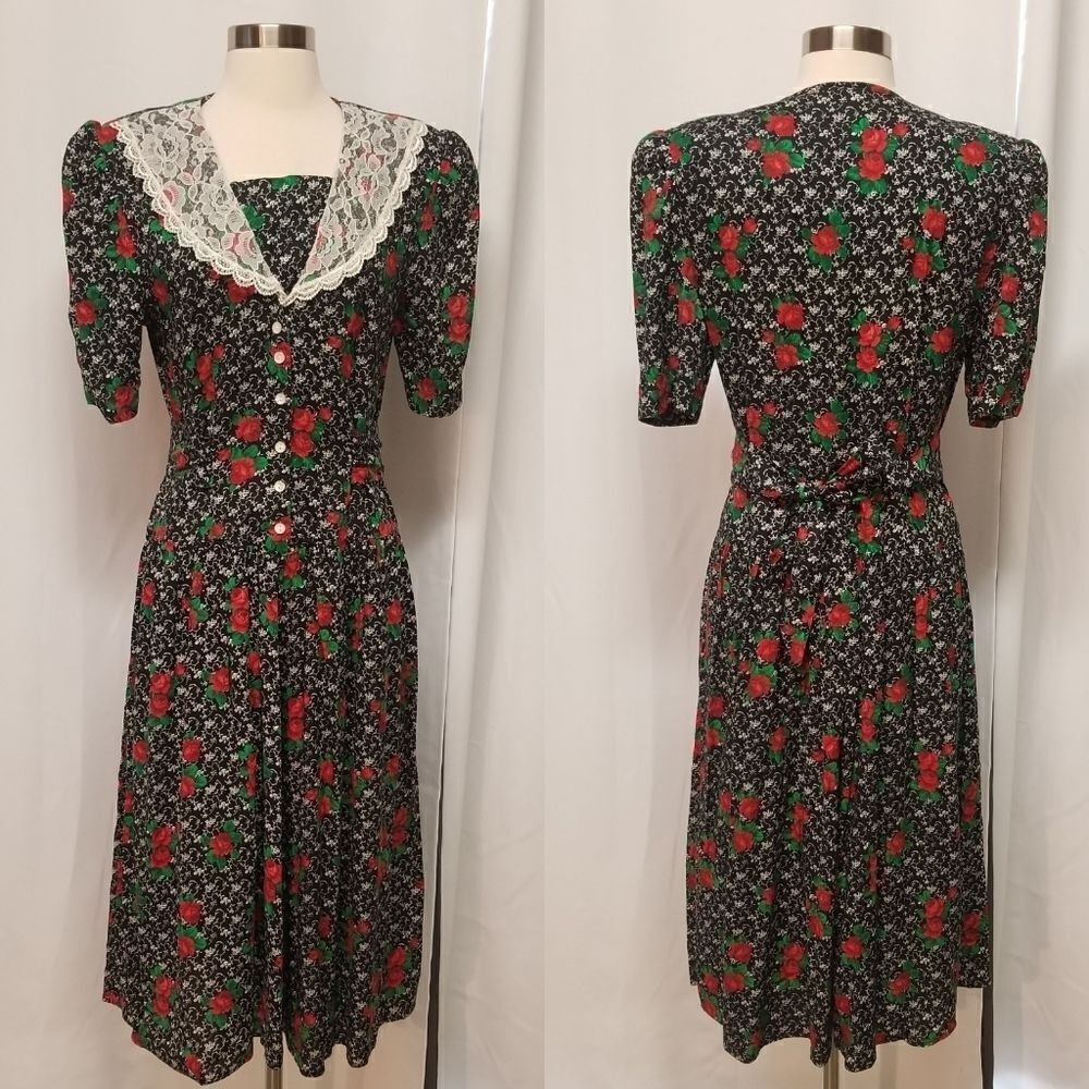 Vintage 80s Retro Gothic Floral Rose Lace Belted Button Front Midi Dress Md